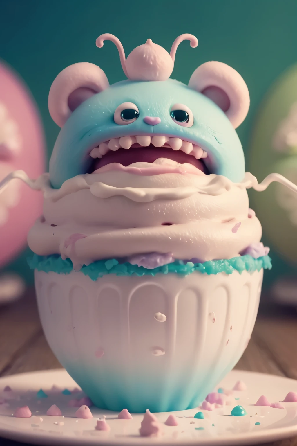 Close-up of a Sundae shaped like a cute monster, zbrush central contest winner, cute look, endearing expression, tv commercial, , cute and crazy, laugh-inducing action, disney and pixar animation Character, soft camrea lens, pastel color tune, inspired by The Grand Budapest Hotel color 