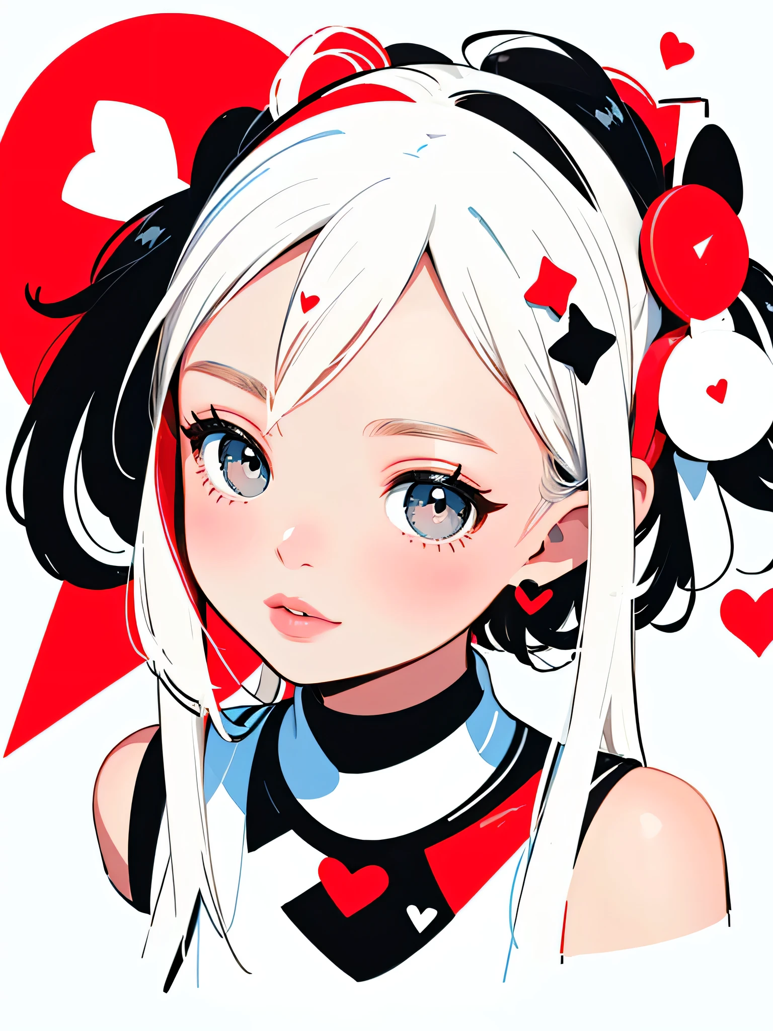 Black Star Red and White style, Simple Line Initialism，Abstract art，Urban Background, (((The most beautiful girl of all time))), Sweet face. Lips in love, colorful hearts, stylish design