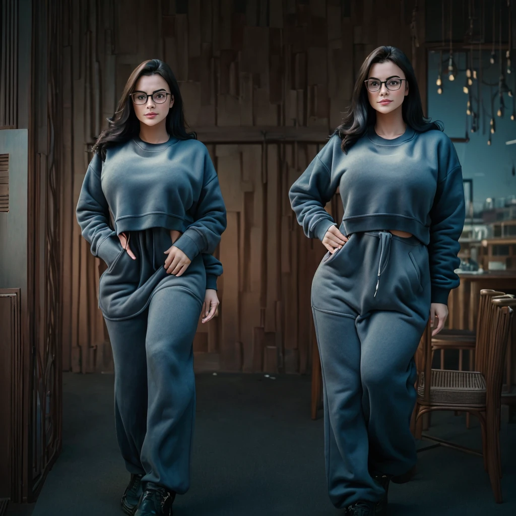 a one woman, age 25, delicate face mysterious symmetrical beautiful, realisitic, 4k photography, skin fair, Full mouth, ssmile, long dark hair, walkin, paisagem realisitic, medium waist, wide hip, thick legs,  Latin traits, standing, attractive look, glasses, alone, breasts big, highy detailed, 16k in high resolution, incredibly detailed image, cinematic, best qualityer, work of art, realisitic, face detailed, detailed back ground, sweatshirt 