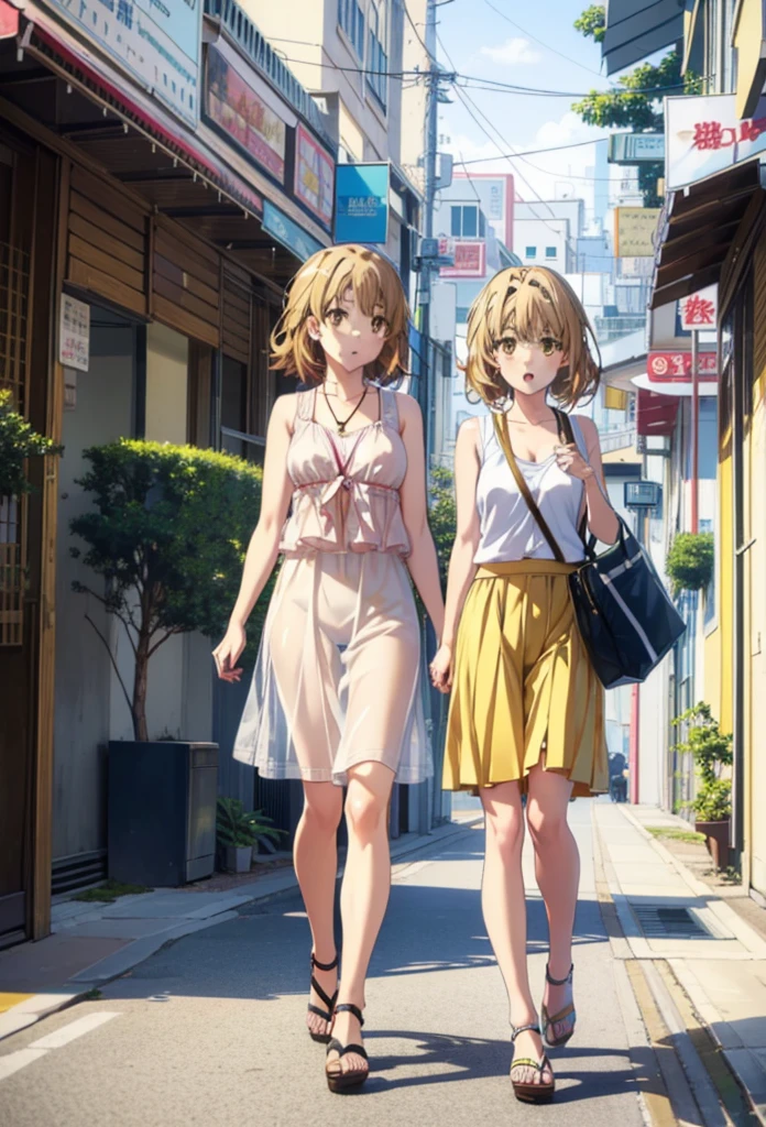 Irohaisshiki, isshiki iroha, One Woman,short hair, Brown Hair, (Brown eyes:1.5), happy smile, smile, Open your mouth,White hat,Yellow Tank Top,Locket Necklace,Long skirt,Heeled Sandals,Palm tree,True Summer,Daytime,Clear skies,Walking,whole bodyがイラストに入るように,
break outdoors,In town,Tropical,Okinawa Kokusai Street,
break looking at viewer,whole body,
break (masterpiece:1.2), Highest quality, High resolution, unity 8k wallpaper, (figure:0.8), (Beautiful attention to detail:1.6), Highly detailed face, Perfect lighting, Highly detailed CG, (Perfect hands, Perfect Anatomy),
