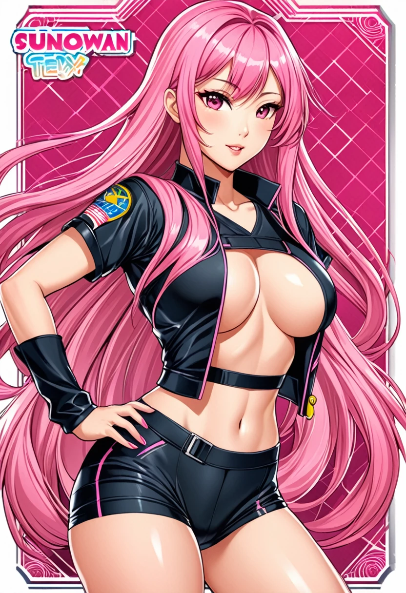 Sexy asian woman, very long pink hair, athletic, military style outfit, sexy waifu, trading card style art