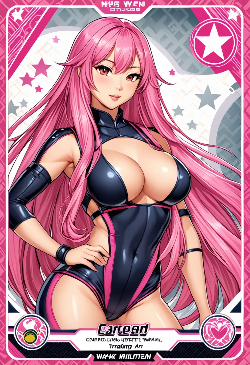 Sexy asian woman, very long pink hair, athletic, military style outfit, sexy waifu, trading card style art