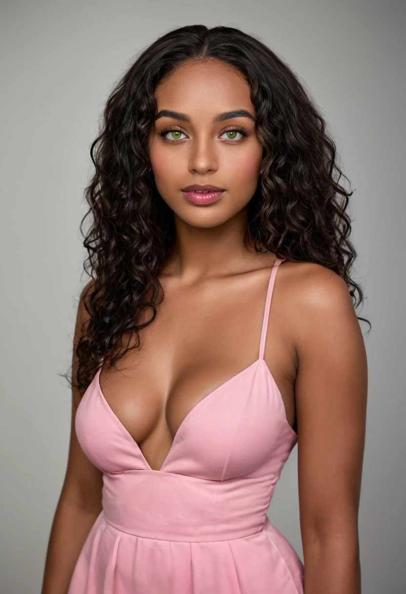 Completely Arafed woman with green eyes, wearing a pink dress in her room. Beautiful pink dress. Full-length photo of woman in pink dress. beautiful young black woman with dark skin, black Brazilian mixed race, beautiful 30 year old Afro-Latina girl, beautiful African and Latina, Brazilian and Angolan descent, a black woman, mixing African and indigenous features, a unique mix of indigenous, African and European ebony . The hair is extremely curly, with well-defined and voluminous curls. The natural texture. Her hair is long, falling in voluminous waves around her shoulders and down her back. The hair has a lot of volume, creating a full, dense appearance. The hair is black. green eyes, eye is green, green and expressive eyes, beautiful green eyes, realistic green eyes, detailed green eyes (eyeliner, long eyelashes). Perfect eyebrows and are thick. the nose is small and proportional, beautiful face. Attractive and irresistible mouth, well-defined lips, full lips, voluminous lips, seductive lips. The face is oval, with high cheekbones and a well-defined chin, a beautiful and detailed face. Professional, dramatic makeup, a more impactful look with shadows that accentuate the captivating look, Striking makeup, with eyeliner, black lipstick. Skin tone: Olive skin, healthy and with uniform shine, with olive skin, dark skin, sexy girl with skin brunette, detailed skin texture, beautiful and glowing skin, intricate details, smooth skin, healthy and radiant appearance. A woman has a well-defined and athletic body. Her silhouette is shapely, highlighting a thin waist in contrast to fuller hips and bust. She has a prominent bust, with large, firm breasts, silicone breasts, voluminous breasts. Thin waist. The hips are wide and well-defined, with a pronounced hourglass shape and a large butt. The legs are long and muscular, with well-defined thighs. 50 mm lens, f/2.8, hdr, (8K) RAW photo, high quality resolution 8K uhd, dslr, 2k, 4K, 8K, 16K.