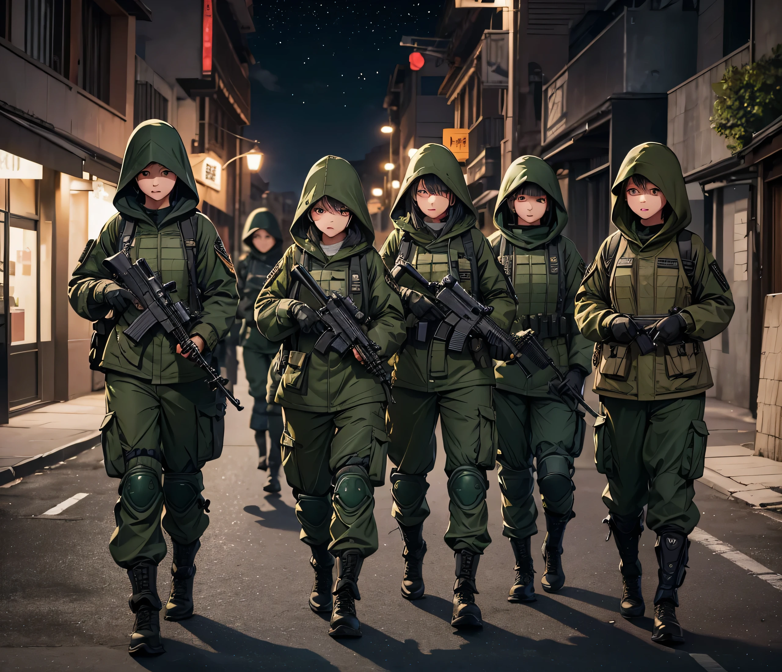 A group of female soldiers on night curfew，All wear dark green M-51 hooded military uniforms、Hooded on head、Magazine Pouch、Military Pants、Knee pads，Street，Write details、masterpiece、best quality、Highly detailed CG、8K picture quality
