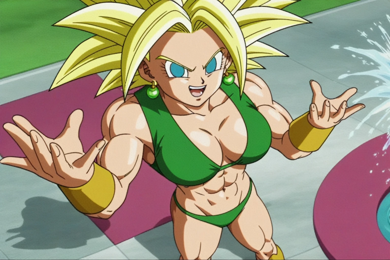 fountain_cheered up, score_9, score_8_above, score_7_above, cheered up screencap,
kefladb, 1 girl, Alone, smile, open mouth, blushing, blue eyes, belly button, potara earrings, muscular, ABS, spiky hair, Aura, saboveer saiyan, blonde eyebrows, blurred background, clavicle, eyebrows, green sky, no paboveils, shadow, standing, toned, v-shaped eyebrows, nude, tits, medium breasts, Showing the ass, from behind, tight bare ass, vagina, pubic hair vagina