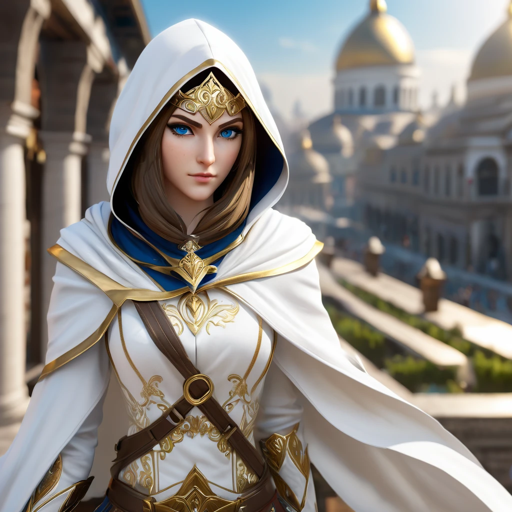 A full-body shot of Princess Zelda, brown hair, blue eyes, dressed as an Assassin from Assassins Creed, in white+gold witha white mask and hood with gold details, XL bust, using a wrist blade. Background: A city during the renaissance period. Unreal Engine 5, Anime, Anime style, Masterpiece, Well drawn eyes, well drawn face, well detailed eyes, well detailed face, 8k, light and shadow effect.