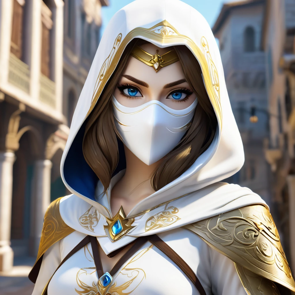 A full-body shot of Princess Zelda, brown hair, blue eyes, dressed as an Assassin from Assassins Creed, in white+gold witha white mask and hood with gold details, XL bust, using a wrist blade. Background: A city during the renaissance period. Unreal Engine 5, Anime, Anime style, Masterpiece, Well drawn eyes, well drawn face, well detailed eyes, well detailed face, 8k, light and shadow effect.