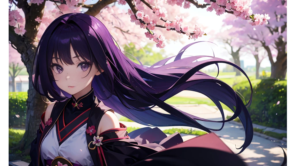 Best picture quality, 8K, high quality, masterpiece:1.2), ((masterpiece)), (great detail, high quality, best picture quality), bokeh, DOF, Portrait, open stance, purple hair long hair, in a black, round face, in a black miko costume, standing under sakura tree