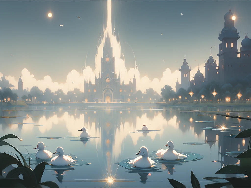 painting of a pond with a bunch of ducks floating on it, francois schuiten, by Bridget Bate Tichenor, by charles vess, soft light misty yoshitaka amano, by Vladimir Kush, inspired by Brian Despain, magic realism painting, magical realism painting, agnes pelton, by Wojciech Kossak, by Christophe Vacher