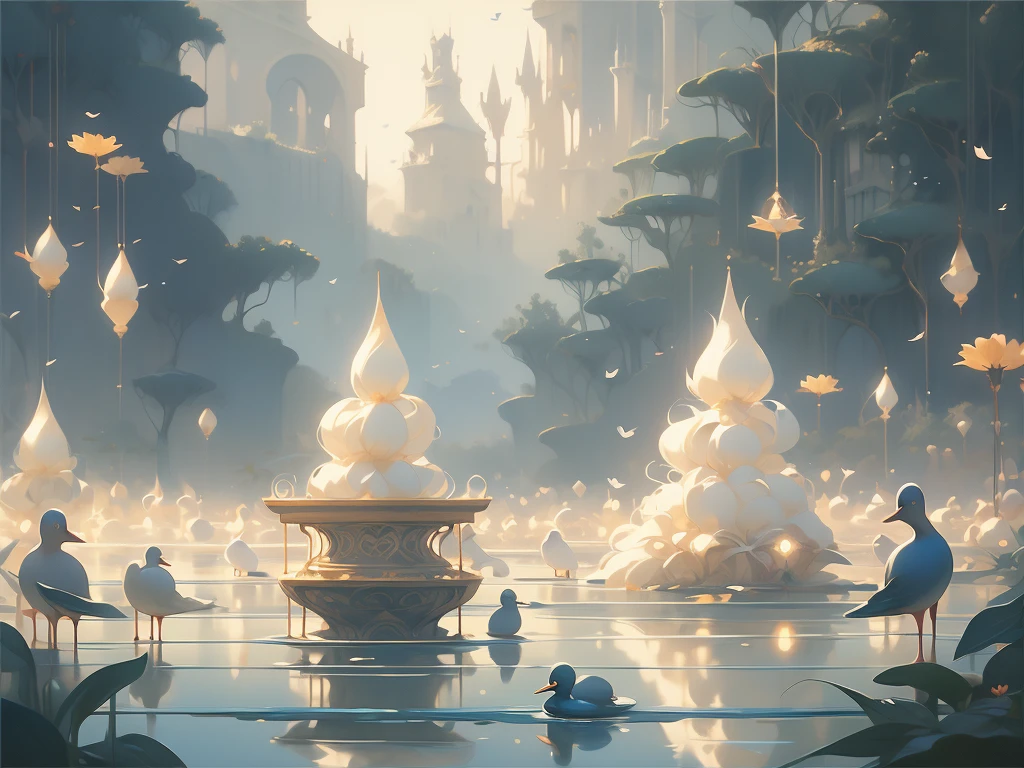 painting of a pond with a bunch of ducks floating on it, francois schuiten, by Bridget Bate Tichenor, by charles vess, soft light misty yoshitaka amano, by Vladimir Kush, inspired by Brian Despain, magic realism painting, magical realism painting, agnes pelton, by Wojciech Kossak, by Christophe Vacher