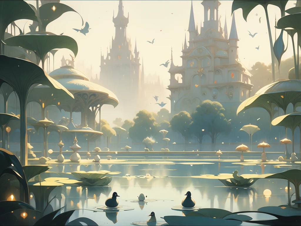 painting of a pond with a bunch of ducks floating on it, francois schuiten, by Bridget Bate Tichenor, by charles vess, soft light misty yoshitaka amano, by Vladimir Kush, inspired by Brian Despain, magic realism painting, magical realism painting, agnes pelton, by Wojciech Kossak, by Christophe Vacher