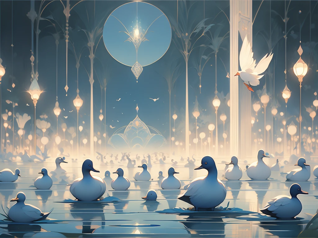 painting of a pond with a bunch of ducks floating on it, francois schuiten, by Bridget Bate Tichenor, by charles vess, soft light misty yoshitaka amano, by Vladimir Kush, inspired by Brian Despain, magic realism painting, magical realism painting, agnes pelton, by Wojciech Kossak, by Christophe Vacher