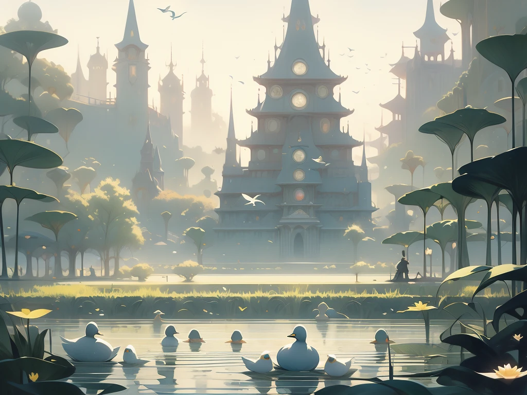 painting of a pond with a bunch of ducks floating on it, francois schuiten, by Bridget Bate Tichenor, by charles vess, soft light misty yoshitaka amano, by Vladimir Kush, inspired by Brian Despain, magic realism painting, magical realism painting, agnes pelton, by Wojciech Kossak, by Christophe Vacher