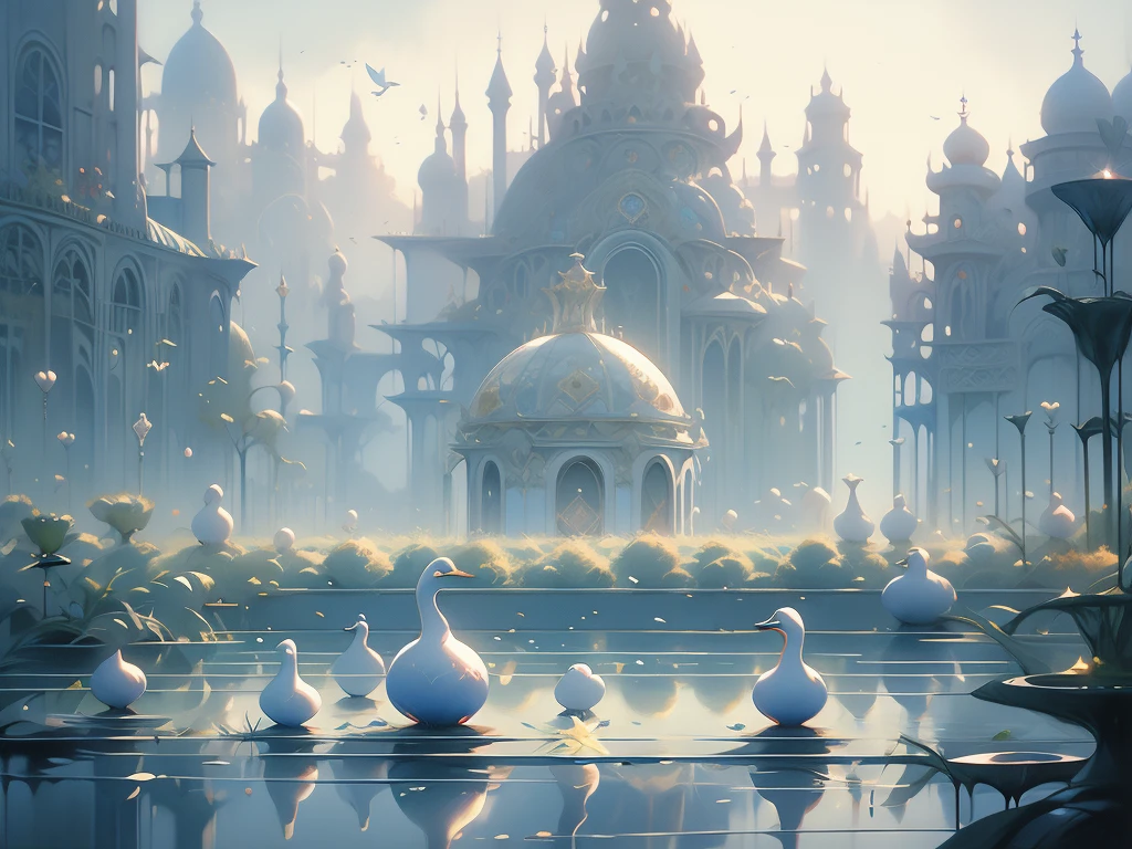painting of a pond with a bunch of ducks floating on it, a surrealist painting by Bridget Bate Tichenor, tumblr, magic realism, francois schuiten, soft light misty yoshitaka amano, magical realism painting, magic realism painting, agnes pelton, michael whelan and gustave done, zdzisław beksiński
