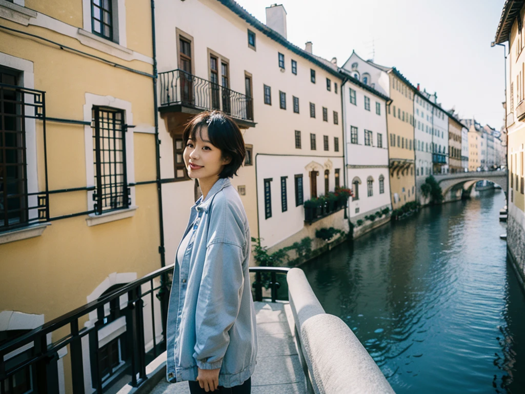 high quality, 1 woman, ((36-year-old healthy Korean woman)), ((36 years old)), 1 woman, eyes are big and beautiful. ((slim)), ((short medium hair)), Smile. pose: standing, windbreaker jacket, background:Your residence is a baroque townhouse with a plaster façade and wrought iron railings.. Overlooking the Salzach River and Hohensalzburg Fortress, looking slightly up, 1 woman, Full body shot with Canon 16-34 wide angle lens, river view, looking up the side