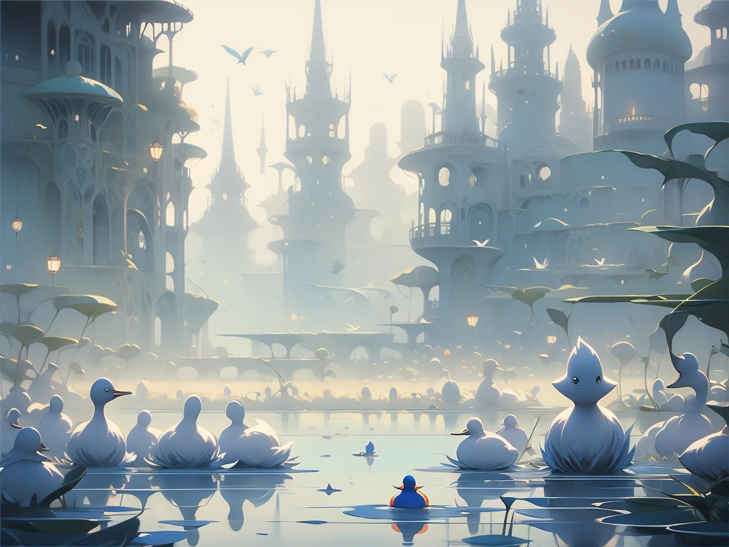 painting of a pond with a bunch of ducks floating on it, a surrealist painting by Bridget Bate Tichenor, tumblr, magic realism, francois schuiten, soft light misty yoshitaka amano, magical realism painting, magic realism painting, agnes pelton, michael whelan and gustave done, zdzisław beksiński