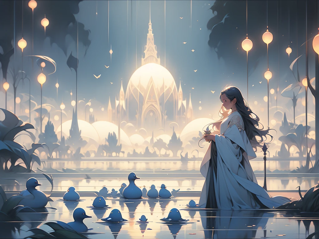 painting of a pond with a bunch of ducks floating on it, a surrealist painting by Bridget Bate Tichenor, tumblr, magic realism, francois schuiten, soft light misty yoshitaka amano, magical realism painting, magic realism painting, agnes pelton, michael whelan and gustave done, zdzisław beksiński