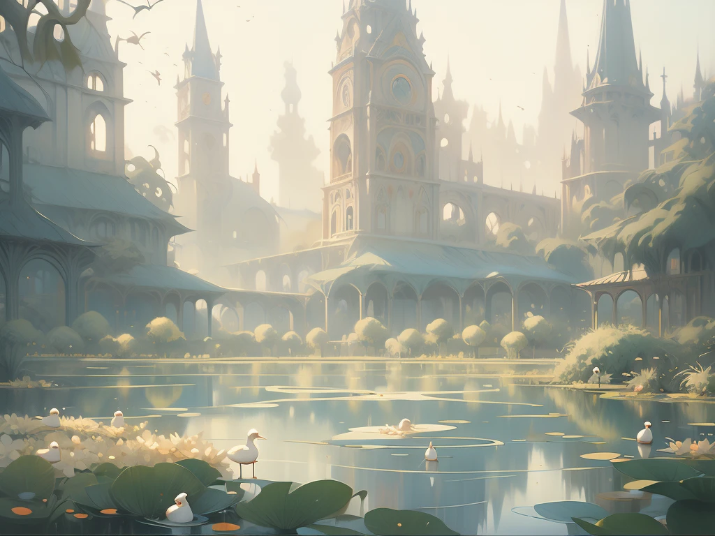 painting of a pond with a bunch of ducks floating on it, francois schuiten, by Bridget Bate Tichenor, by charles vess, soft light misty yoshitaka amano, by Vladimir Kush, inspired by Brian Despain, magic realism painting, magical realism painting, agnes pelton, by Wojciech Kossak, by Christophe Vacher