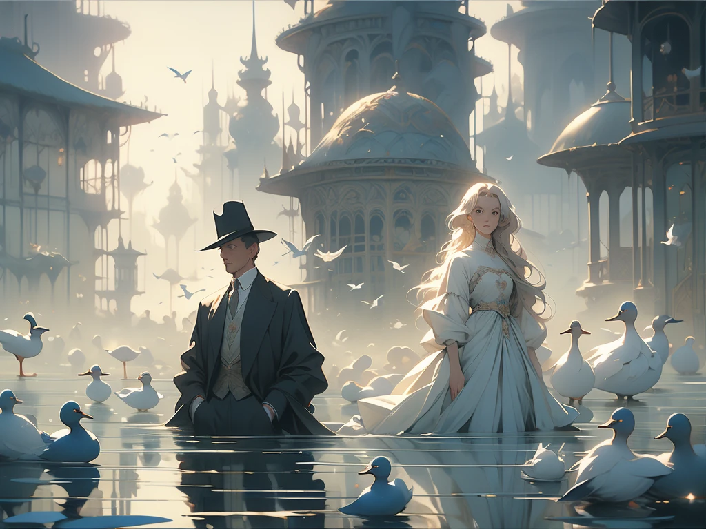 painting of a pond with a bunch of ducks floating on it, francois schuiten, by Bridget Bate Tichenor, by charles vess, soft light misty yoshitaka amano, by Vladimir Kush, inspired by Brian Despain, magic realism painting, magical realism painting, agnes pelton, by Wojciech Kossak, by Christophe Vacher