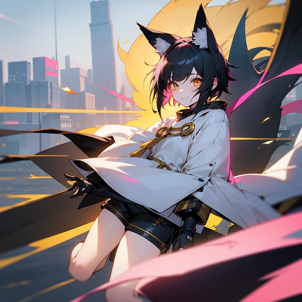 female, a girl, happy, smiling, pale skin, golden eyes, black hair, side tail, slim, gloves, pink muffler, japanese style coat, spats, shorts, drop shoulder tee, with animal ears, with fox ears, cute, short hair tied back, cyber punk, golden, face, City