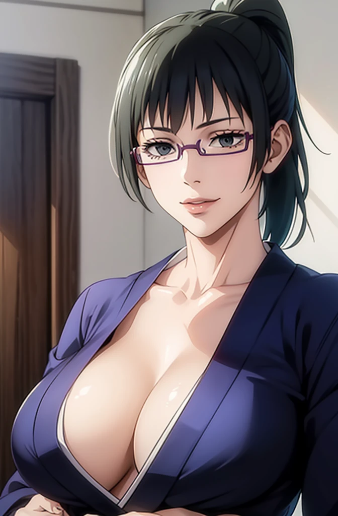 1girl, mikasa ackerman, (black hair:1.3), Hair bangs, ponytail hair, gray eyes, lips, glasses,best quality, masterpiece, best work, (wearing blue kimono), (japanese room),  night time, huge_breasts, cowboy_shot, looking_at_viewer, light smile, great detailed, professional work, sharp focus, soft lighting, greatest work, outstanding quality, ((beautiful eyes)), (mature women), mature body, best quality, ((best quality, masterpiece)), best of best, aot style, show cleavage