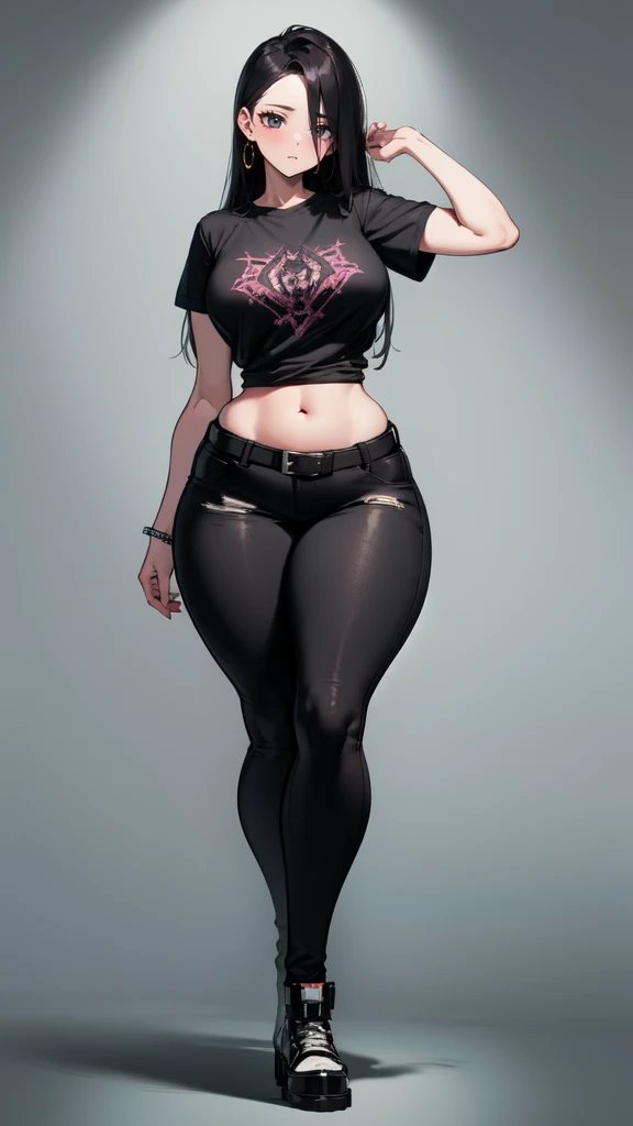 blank background, (((full body))), (masterpiece), ((best quality)), ((tall girl)), straight hair (curvy:1.6), (punk girl), shoes, belt below navel, black hair, wide hips, (black jeans), (short sleeves), arm tattoo