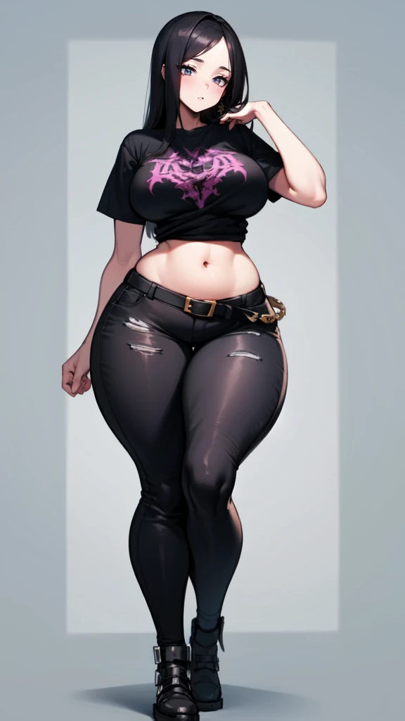 blank background, (((full body))), (masterpiece), ((best quality)), ((tall girl)), straight hair (curvy:1.6), (punk girl), shoes, belt below navel, black hair, wide hips, (black jeans), (short sleeves), arm tattoo