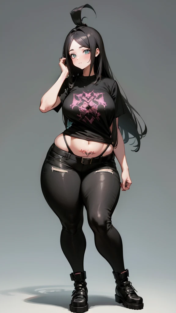 blank background, (((full body))), (masterpiece), ((best quality)), ((tall girl)), straight hair (curvy:1.6), (punk girl), shoes, belt below navel, black hair, wide hips, (black jeans), (short sleeves), arm tattoo