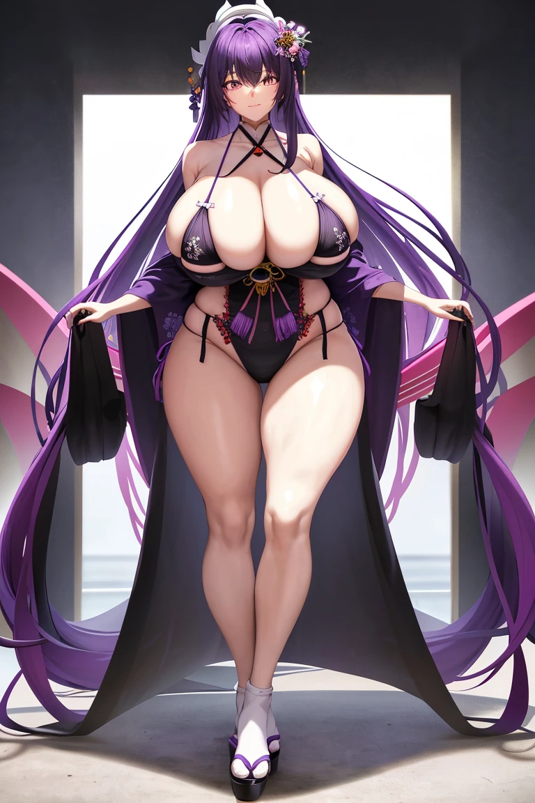 A woman,Purple long hair,Black eyes,White Kimono,Bikini,Long legs,Nipple protrusion,Twenties,exposed,Huge breasts,超级Huge breasts,Clogs,Standing