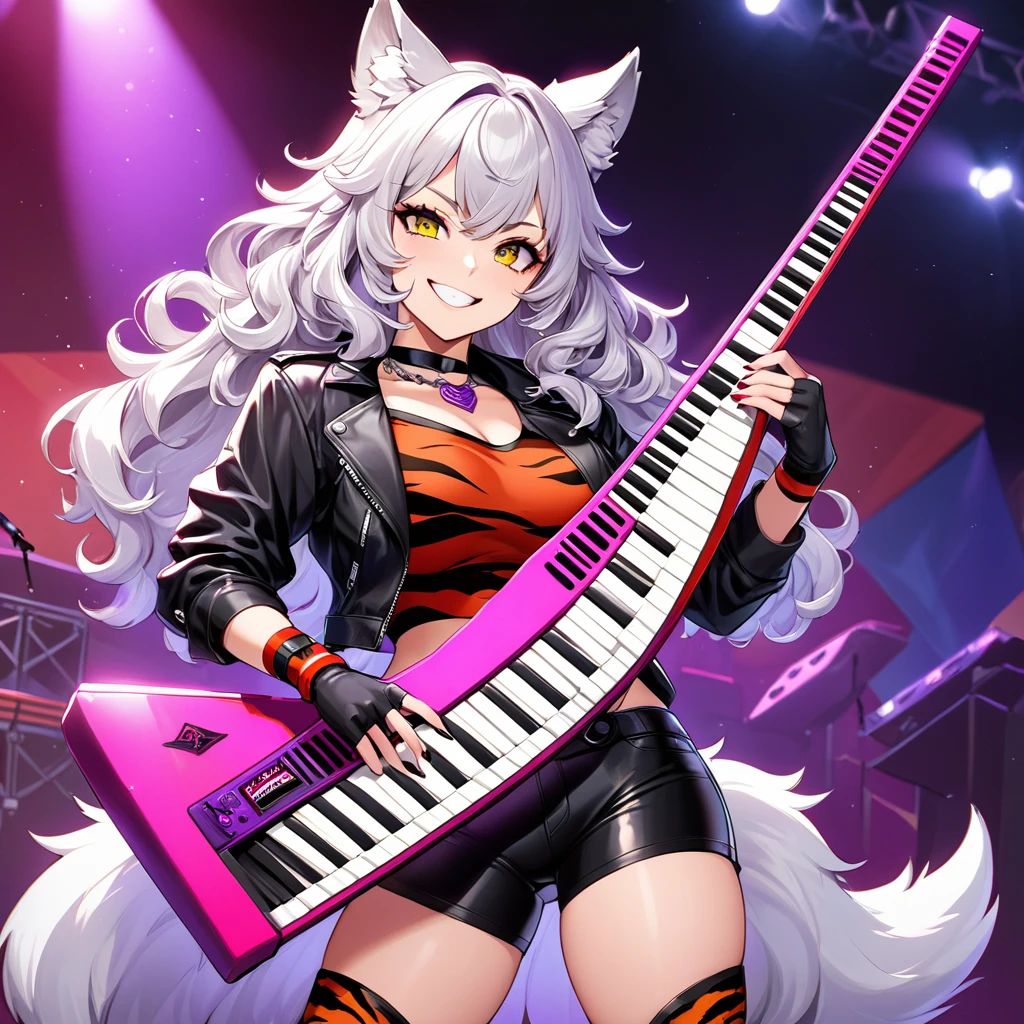 A Beautiful, Sexy Anthropomorphic Wolf. She have silver fur with light grey underbelly, silky white curly hair with green highlight, Amber Yellow Slitted eyes, with slim, curvaceous figure. She wear Black Leather Jacket over Crimson Red Crop top, black tight leather shorts, Amethyst Purple leg warmer with stripe prints, and black heeled boots. She wear Choker Necklace, purple elbow length fingerless gloves with tiger print, and black choker wrist band. She have a feisty grin, while playing a keytar on stage. 80s style black, red, purple clothing.