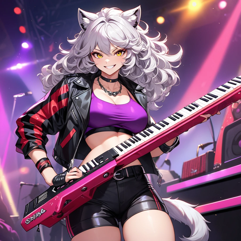 A Beautiful, Sexy Anthropomorphic Wolf. She have silver fur with light grey underbelly, silky white curly hair with green highlight, Amber Yellow Slitted eyes, with slim, curvaceous figure. She wear Black Leather Jacket over Crimson Red Crop top, black tight leather shorts, Amethyst Purple leg warmer with stripe prints, and black heeled boots. She wear Choker Necklace, purple elbow length fingerless gloves with tiger print, and black choker wrist band. She have a feisty grin, while playing a keytar on stage. 80s style black, red, purple clothing.
