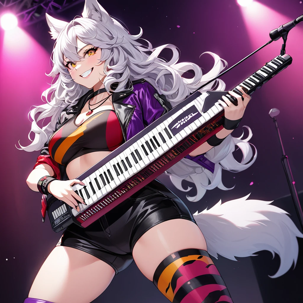 A Beautiful, Sexy Anthropomorphic Wolf. She have silver fur with light grey underbelly, silky white curly hair with green highlight, Amber Yellow Slitted eyes, with slim, curvaceous figure. She wear Black Leather Jacket over Crimson Red Crop top, black tight leather shorts, Amethyst Purple leg warmer with stripe prints, and black heeled boots. She wear Choker Necklace, purple elbow length fingerless gloves with tiger print, and black choker wrist band. She have a feisty grin, while playing a keytar on stage. 80s style black, red, purple clothing.