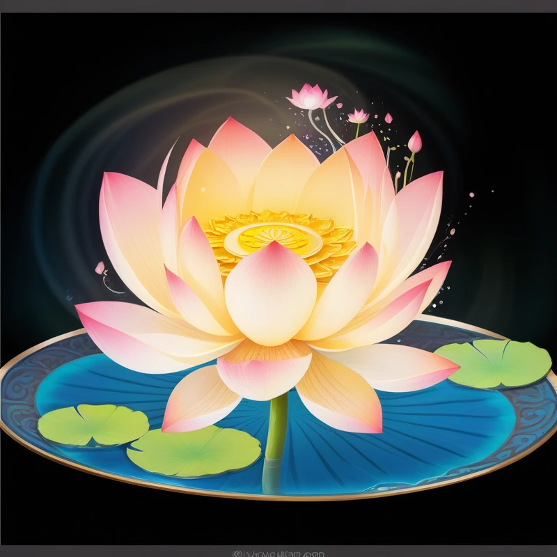 There is a picture of flowers on a plate, sitting on a lotus flower, lotus flower, lotus, standing gracefully upon a lotus, lotus petals, water lily mechanical water lily, lotus flowers, lotus mandala, lotus pond, lotuses, with lotus flowers, Artistic depiction, standing on a lotus, Glowing delicate flowers, lily pad