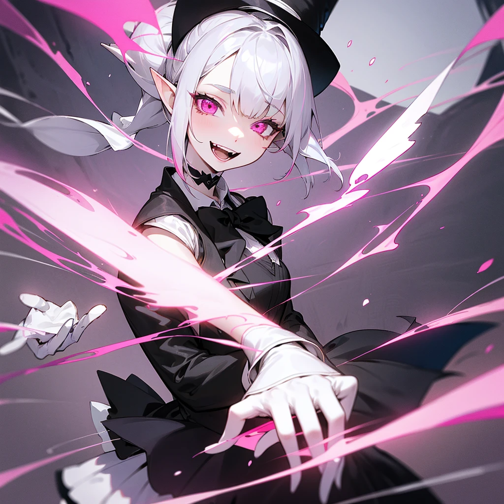elf, silver hair, female, a girl, , female , glad, laughing, short hair, ponytail, covering one eye, pink eyes, pale skin, tiny, slim, wizard hat, choker, Tuxedo, White gloves, ribbon, skirt, Gothic Lolita, magic effect, pink loads,