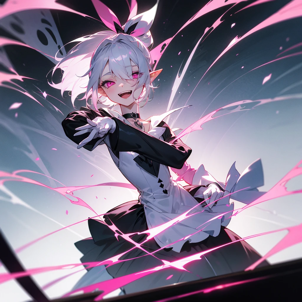 elf, silver hair, female, a girl, , female , glad, laughing, short hair, ponytail, covering one eye, pink eyes, pale skin, tiny, slim, wizard hat, choker, Tuxedo, White gloves, ribbon, skirt, Gothic ta, magic effect, pink loads,
