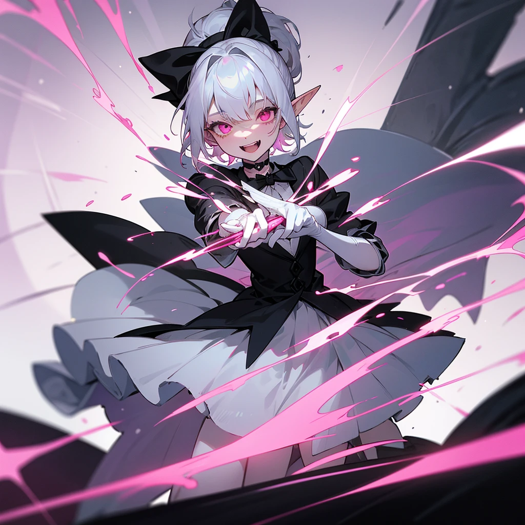 elf, silver hair, female, a girl, , female , glad, laughing, short hair, ponytail, covering one eye, pink eyes, pale skin, tiny, slim, wizard hat, choker, Tuxedo, White gloves, ribbon, skirt, Gothic Lolita, magic effect, pink loads,