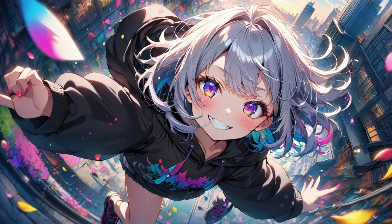 ((Masterpiece)), ((best quality)), (Anime:1.3), (super detail:1.2), (High Definition:1.3), (Professional Photography:1.3),cute young Girl, Glossy unruly hair, (loose swept bangs), (silver ash hair), medium hair, big eyes, (Eye bags:1.3), (Long eyelashes), colorful eyes, (evil smile and blush), Glossy lips, (jagged teeth), ((black hoodie with oversized)), barearms, cute, (Pocket in hands), (colorful:1.3), gothic makeup, (jumping:1.3), (at City), colorful petals dance around her, early morning, wearing headphones, (dutch angle:1.3), (from above),