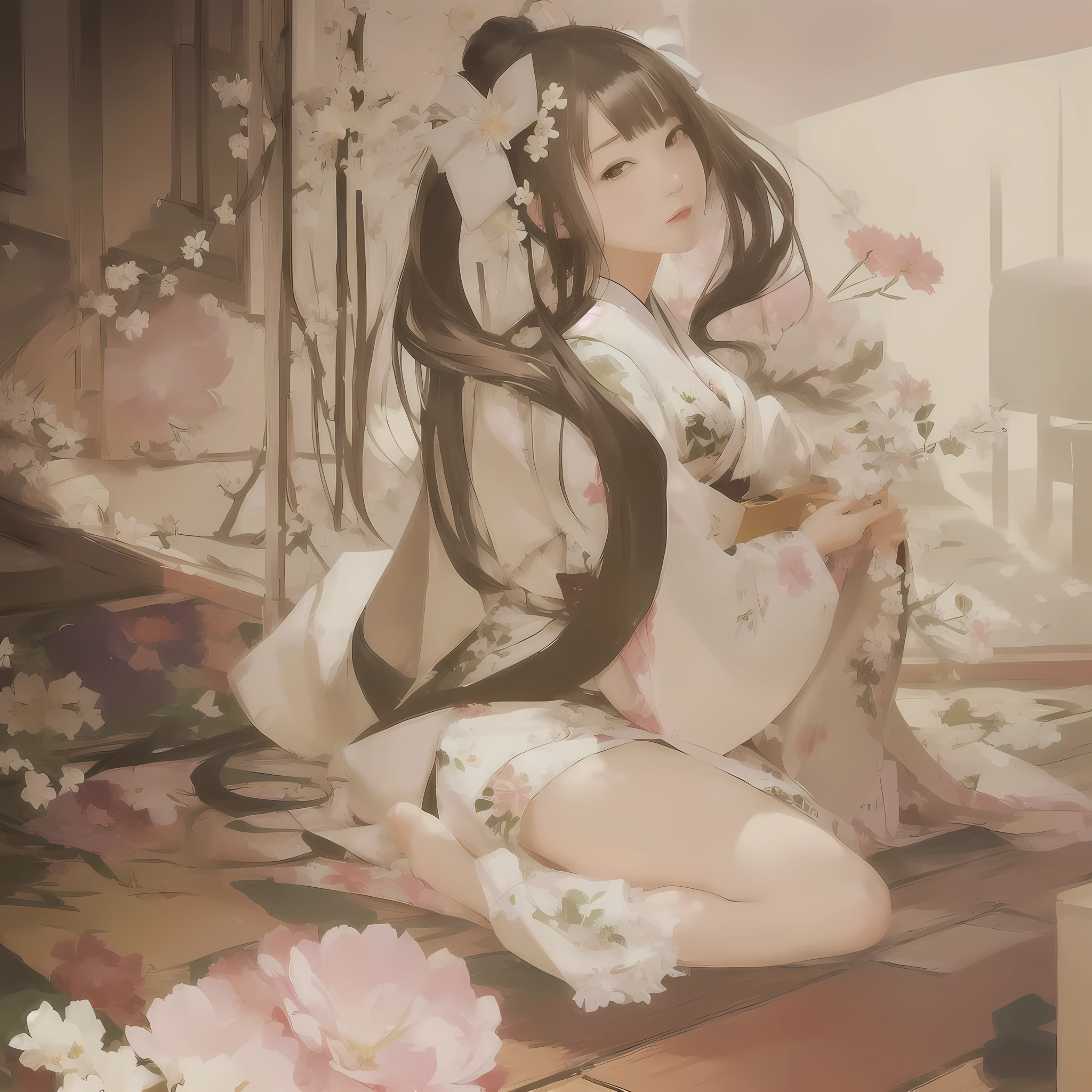 Anime girl in kimono costume sitting on floor with flowers, Zerochan Art, digital art on Pixiv, guweiz on Pixiv artstation, Pixiv contest winner, Pixiv, Painted in an anime artist&#39;s studio, guweiz on artstation Pixiv, at Pixiv, By Ren, Pixiv 3dcg, top rated on Pixiv