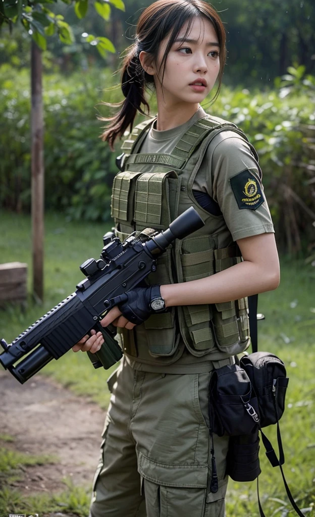 8K,Realistic photos、Realistic skin texture、Surrealism、Ultra-high resolution,High-resolution details,Korean women in US special forces、18 years old,jungle、、rifle、、Hold the gun tight,Stay vigilant、nervous、Urgency、After the Rain、Bulletproof vest、Wearing a watch on the left arm、Adhere to skin when wetTshirt、Military Pants、jungleブーツ、Tattoo、humidity、Dynamic poses、Influence、explode、附近发生explode、Grass and mud fly off along with the smoke from the explode.、being attacked,start、Deadly battles