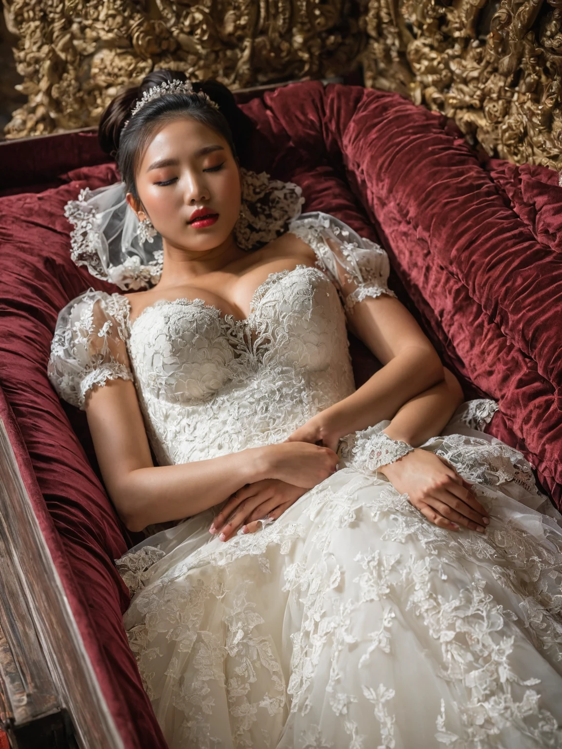 A provocative and sensual image unfolds before us. Two Korean girls, 22 years old, lie asleep in a deep, black coffin surrounded by plush pillows. They wear see-through wedding dresses with lace details, off-shoulder designs, sleeve, deep V-neckline and huge skirts that cascade around their bodies. The dresses are cut low to showcase their beautiful breasts, fixed with a subtle cleavage cutout. Their faces are flawless, with perfect eyebrows, eyelashes, and skin tone. One girl's hair is styled in a ponytail with bangs framing her face, while the other has a bun adorned with wisps of hair framing her closed eyes. The overall atmosphere is one of intimacy and sensuality, with saturated colors enhancing the mood. Note the visible breasts and perfectly manicured hands that peek out from beneath the skirts, which are strategically covered to conceal their legs, ba11g0wn 