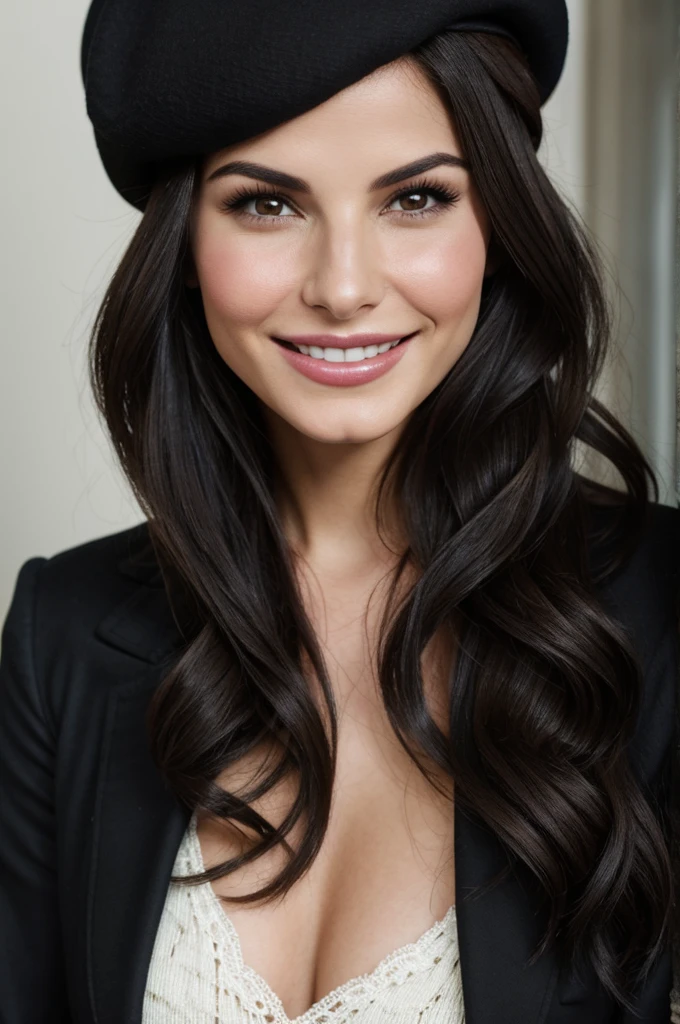 Portrait of a beautiful brunette girl identical to Lana Parrilla with a smile and a black beret on her head