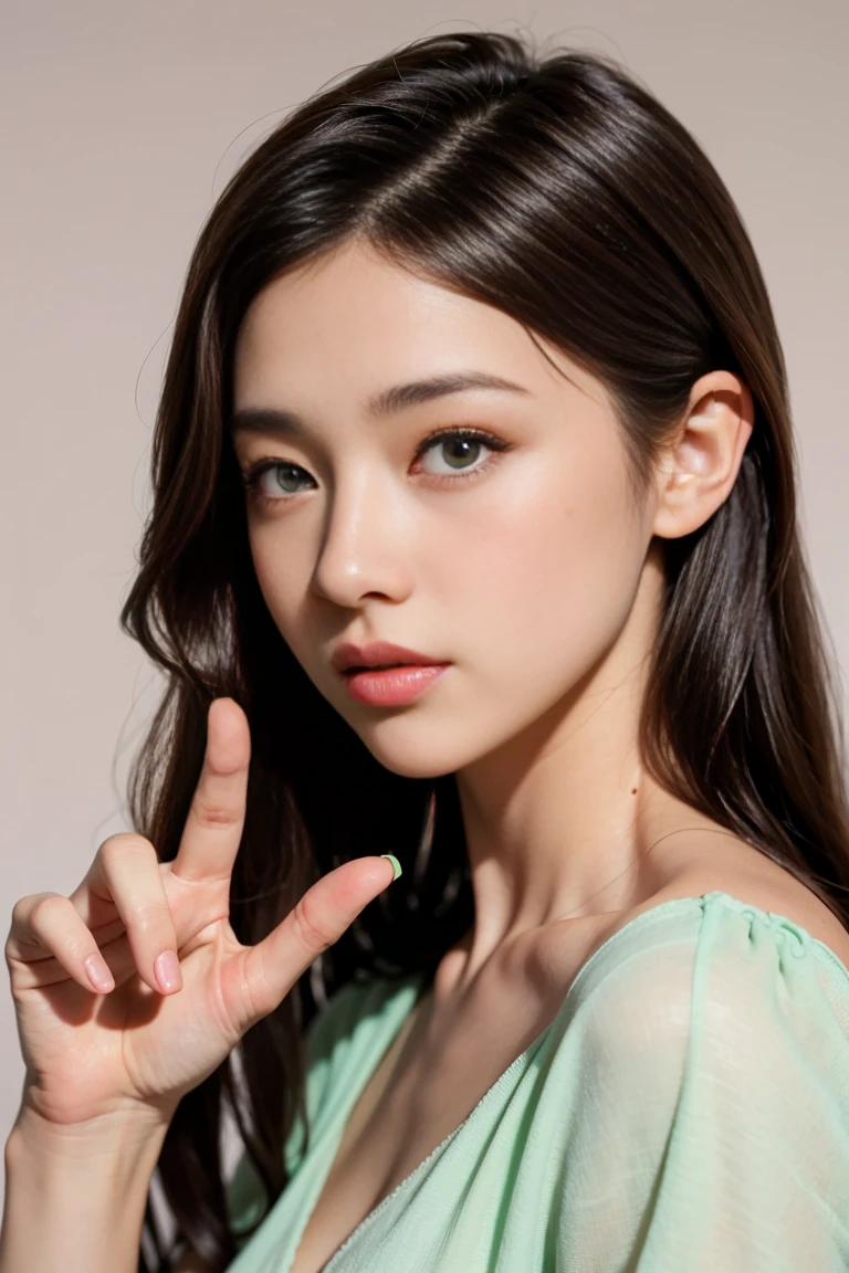 (nude)Wavy long hair, Brown Hair, One girl, Emerald Eyes, Shake with two fingers, Pink Lips, Pastel Green Dress,