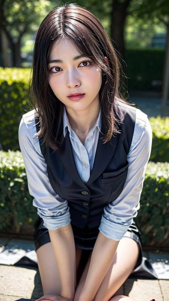 (NSFW:-2),(realistic, photo-realistic:1.4), (masterpiece,best quality:1.2), raw photo, high resolution, Intricate Details Highly Detailed, realistic and sharp details, portrait, front view, look at the viewer, alone, 1 woman, 20 year old woman, (office lady),(Uniform,vest,tight skirt,bare legs:1.4), sandal, (Sitting with legs spread, leaning back), black hair, (detailed face, beautiful detailed eyes, elaborate nose), pale skin, photo background, outdoors, lawn, large park,,,[Luna Hayashi, Nogizaka46]