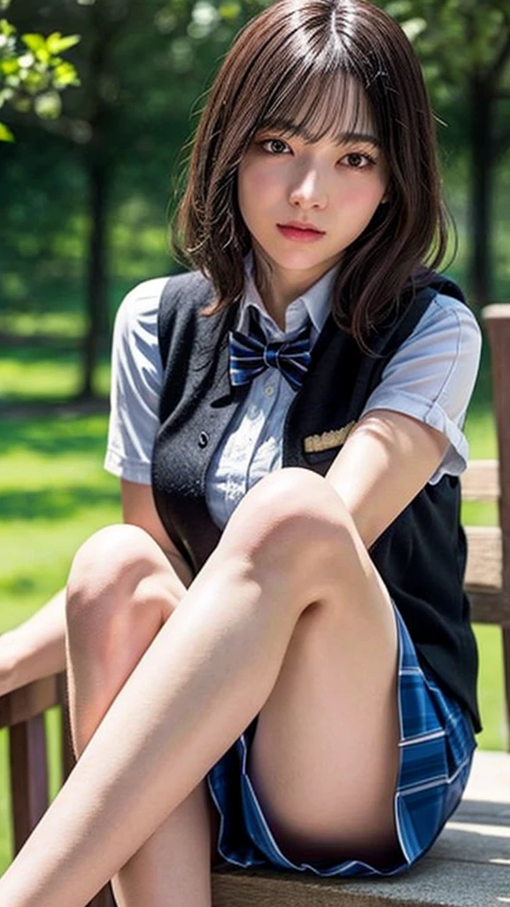 (NSFW:-2),(realistic, photo-realistic:1.4), (masterpiece,best quality:1.2), raw photo, high resolution, Intricate Details Highly Detailed, realistic and sharp details, portrait, front view, look at the viewer, alone, 1 woman, 20 year old woman, (office lady),(Uniform,vest,tight skirt,bare legs:1.4), sandal, (Sitting with legs spread, leaning back), black hair, (detailed face, beautiful detailed eyes, elaborate nose), pale skin, photo background, outdoors, lawn, large park,,,[Luna Hayashi, Nogizaka46]