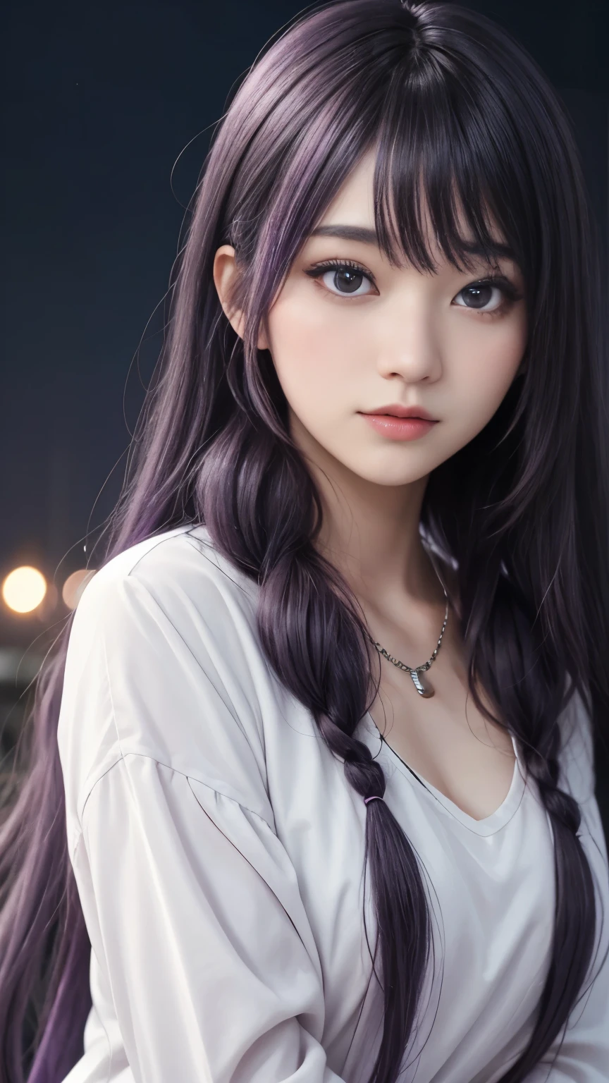 background（Black Night Sky，Big Moon），Close-up of a woman，Wearing a white shirt、Purple Hair，Very long hair，very thick braids，Purple eyes，big ， realistic girl rendering, 8k artistic german bokeh, Enchanting girl, Real Girl, Gurwitz, Gurwitz-style artwork, Girl Roleplay, Realistic 3D style, cgstation Popular Topics,, 8K Portrait Rendering,（truth，truth：1.4），Wear pink pajamas，巨big ，Sparkling eyes，Purple eyes