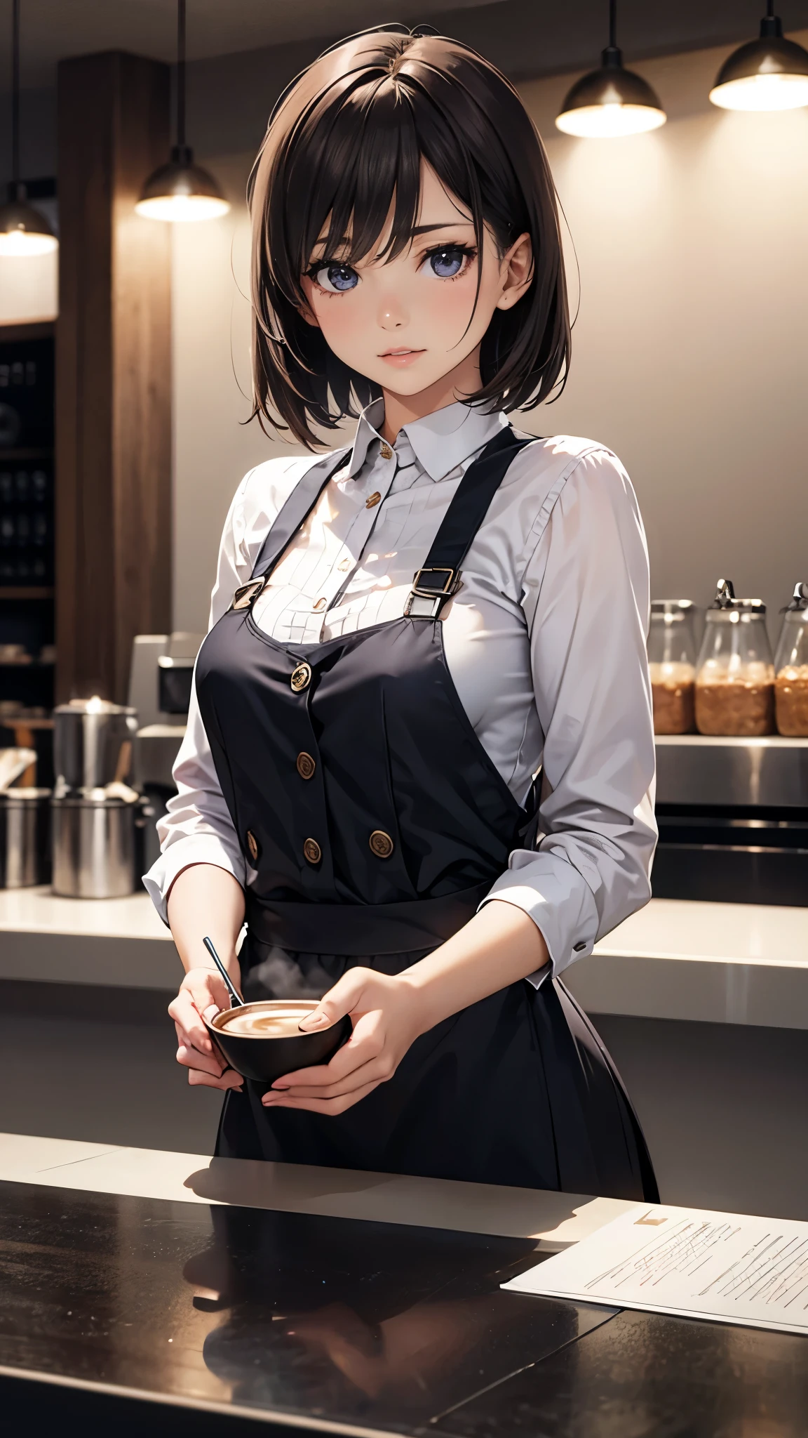 (masterpiece:1.2),(Highest quality),(Very detailed),(High resolution),(Photorealistic Stick),(RAW Photos),8K,Cinema Lighting,(Written boundary depth),(Sophisticated lighting:1.2),A barista woman working at a cafe,Short Hair,The background is a stylish cafe,Detailed hands,Beautiful female hands,(Hand,detailed,perfect,perfection,hands)