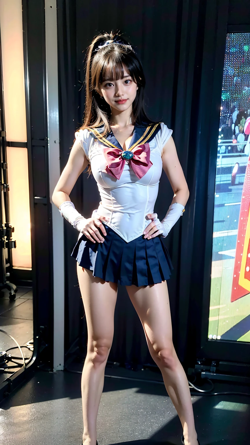 (8K、RAW Photos、Highest quality、masterpiece:1.2)、(Realistic、Realistic)、1 Girl、((Sailor Moon Costume:1.2、Thin legs、whole body、View from the front、smile、Looking into the camera、Stand with hands on hips))、cute