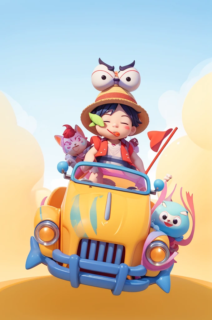 sticker，一只带着straw hat的snails开着小汽车，snails，One Piece Luffy，straw hat，With a branch in his mouth，Red vest，红色和的straw hat，red flag，一只Lovelyq版的野猪，ground，Sky，Cloud，Blue sky，Jellyfish，Isometric,xxxxxxxx cartoon 3d model,Low Poly,3D Art,C4D,octane
rendering, 3d rendering, Ray traction, Clay Materials, Pixar Trends, Animated Lighting, Depth of Field, Super Detail, Pastel colors, mockup, Clean background, Delicate gloss, Soft focus, oc, Blender, intellectual property, best quality, 8k--s 250--v 5.1
(Lovely)