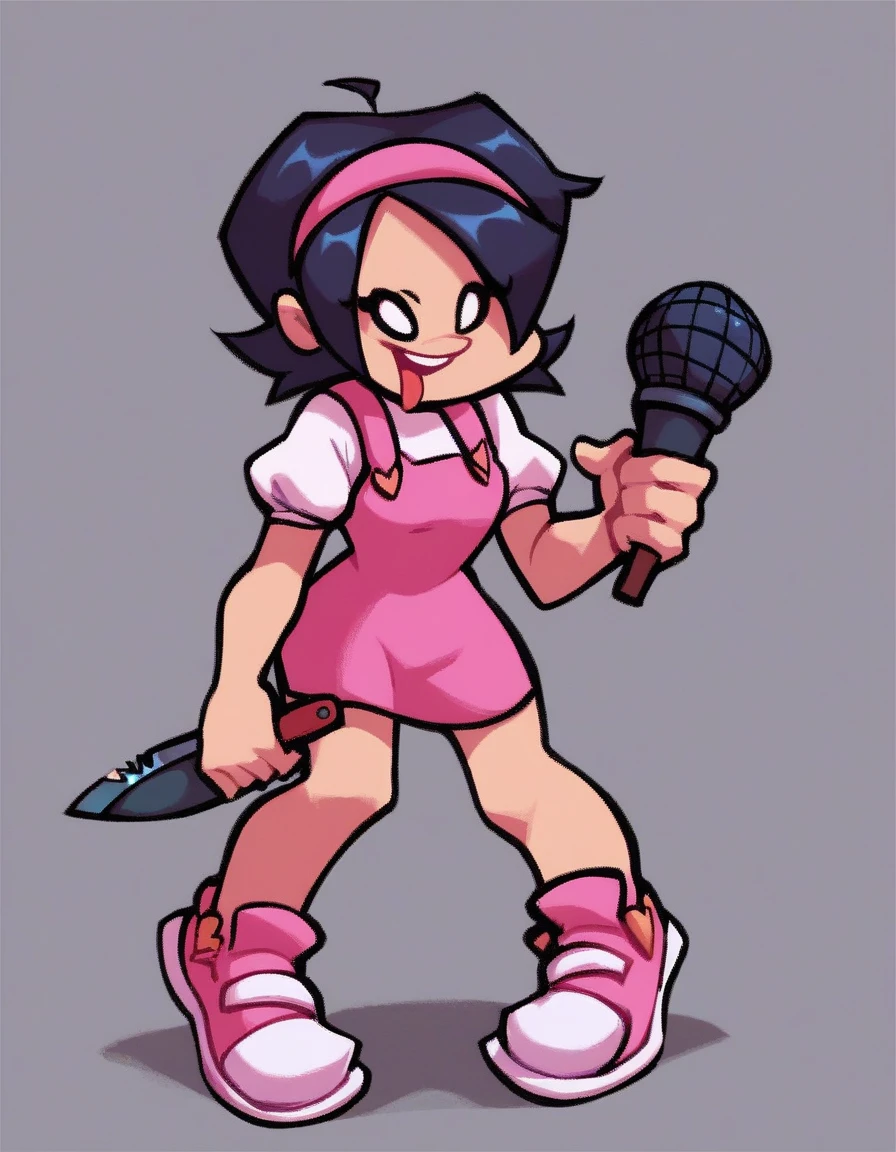 nene, 1girl, solo, short hair, open mouth, simple background, black hair, dress, holding, standing, full body, hairband, shoes, tongue out, colored skin, short dress, knife, microphone, holding knife, holding microphone,