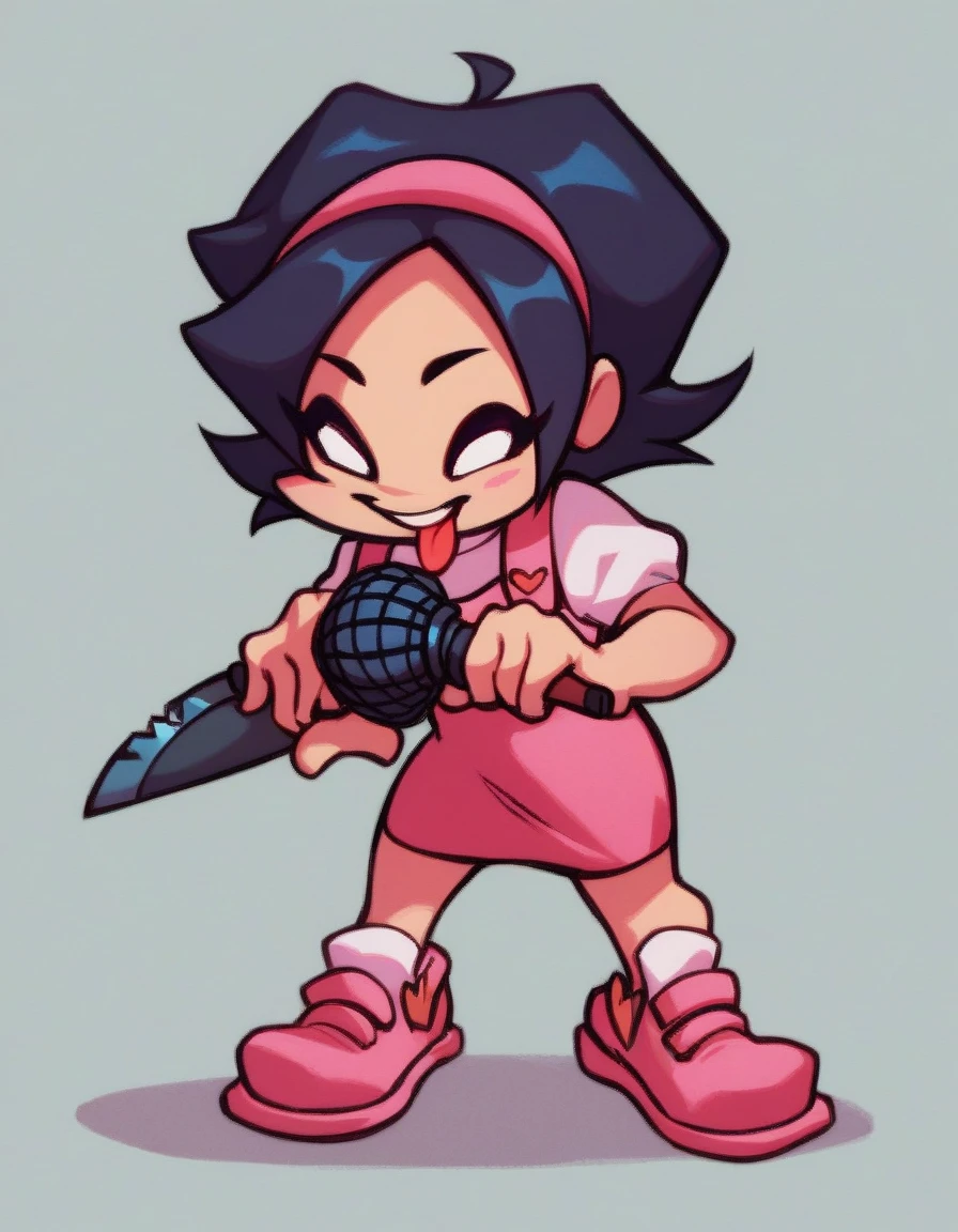 nene, 1girl, solo, short hair, open mouth, simple background, black hair, dress, holding, standing, full body, hairband, shoes, tongue out, colored skin, short dress, knife, microphone, holding knife, holding microphone,